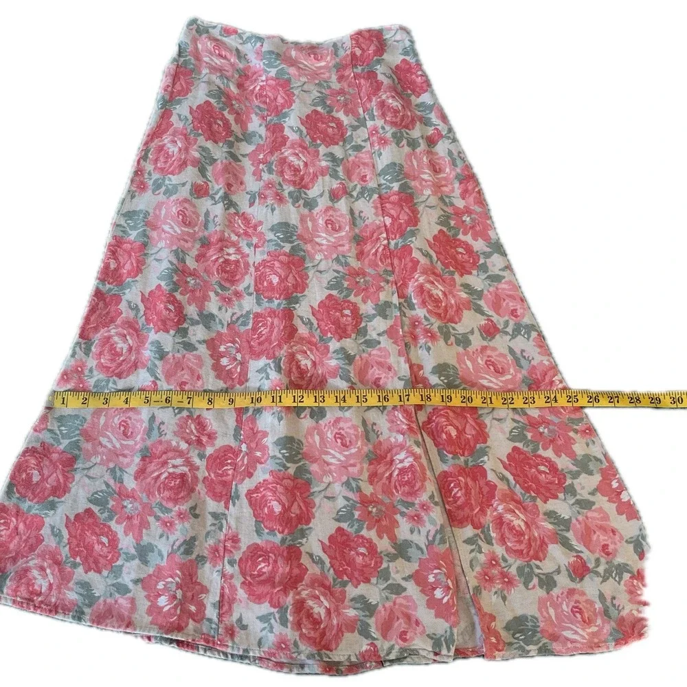 Vintage Floral Maxi Skirt Sz L Pink Rose Rayon A-Line Prarie Western Boho Fall